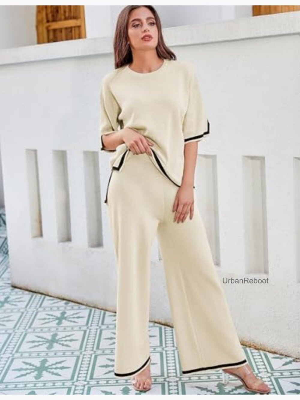 Knit Sweater Set 2 Piece Lounge Outfit Short Sleeve Wide Leg Pants - Picture 5 of 7